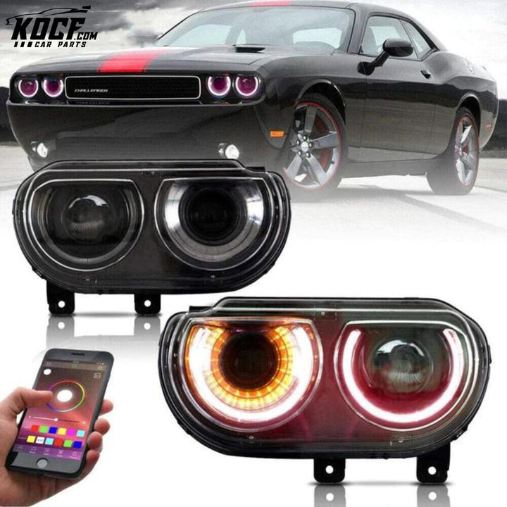 LED RGB Headlights For Dodge Challenger 2008-2014 Multi Color Changing Front Lamps