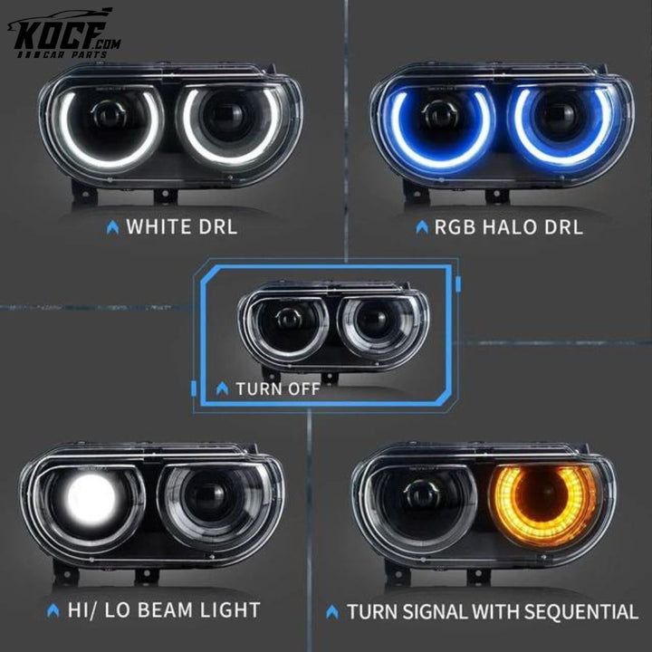 LED RGB Headlights For Dodge Challenger 2008-2014 Multi Color Changing Front Lamps