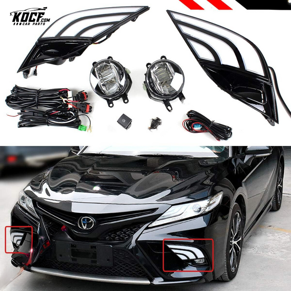 White & Amber Switchback LED DRL Fog Light Bezel Cover + Clear Lens LED Fog Lamp Kit + Square Switch Compatible for Toyota Camry SE XSE 2018-2020 & TRD 2018-2024