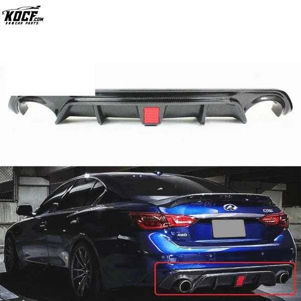 FITS 18-21 INFINITI Q50 CARBON FIBER REAR BUMPER DIFFUSER LIP W/ RED LED BRAKE LIGHT black glossy finish