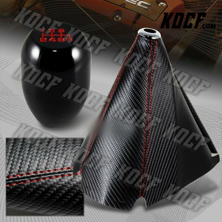 Carbon/Red Stitch Manual Shift Boot + T-R Black 6-Speed Shifter Knob Universal - KOCF.com - Car Parts