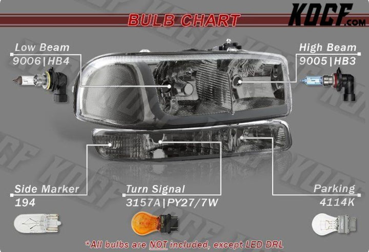 For GMC Sierra/Yukon XL 1500 2500 DRL LED Smoke Clear Headlights+Bumper Lamp 4PC - KOCF.com - Car Parts