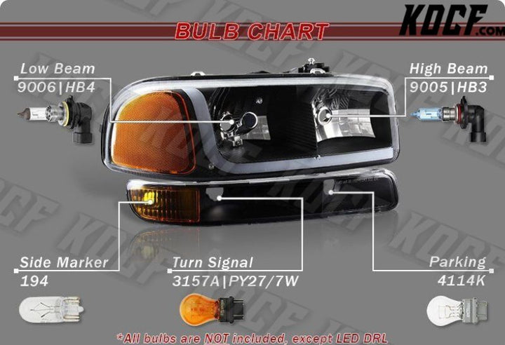 For 2000-2006 GMC Yukon XL 1500 2500 DRL LED Black Amber Headlights+Bumper 4PCS - KOCF.com - Car Parts