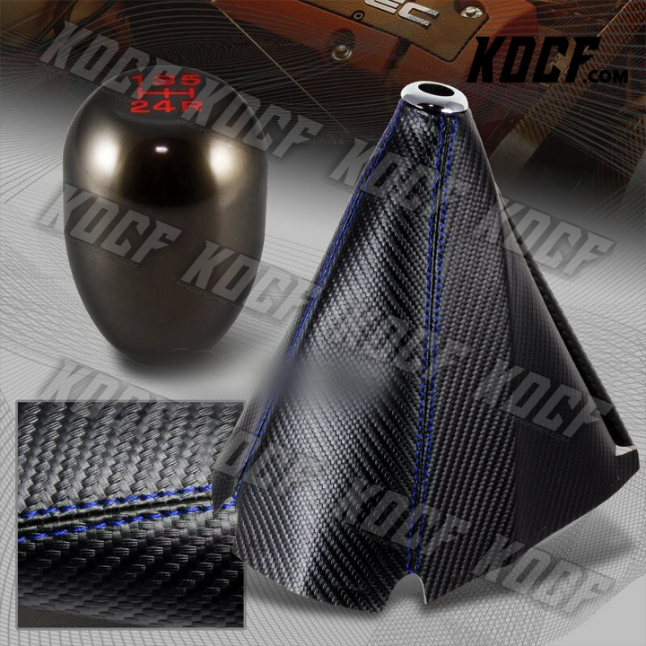 Carbon/Blue Stitch Manual Shift Boot + Gunmetal 5-Speed Shifter Knob Universal - KOCF.com - Car Parts