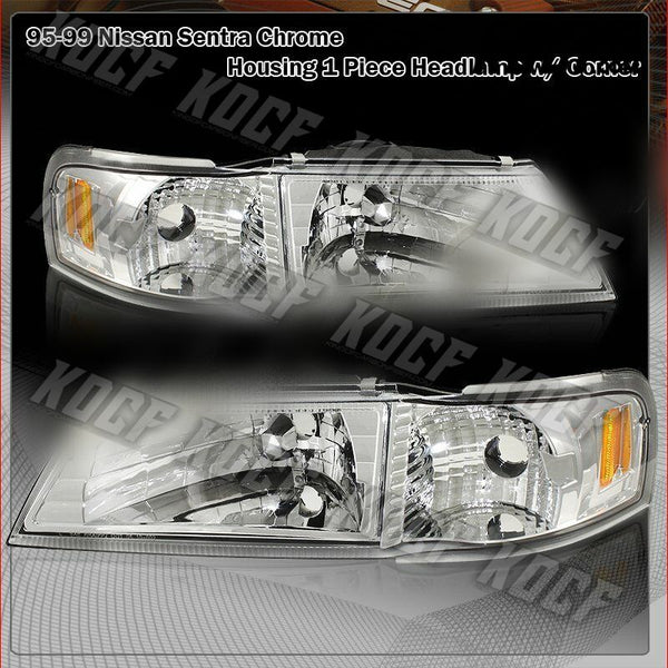 For 1995-1999 Nissan Sentra/200SX 1-Piece Chrome Headlights W/Amber Reflector - KOCF.com - Car Parts