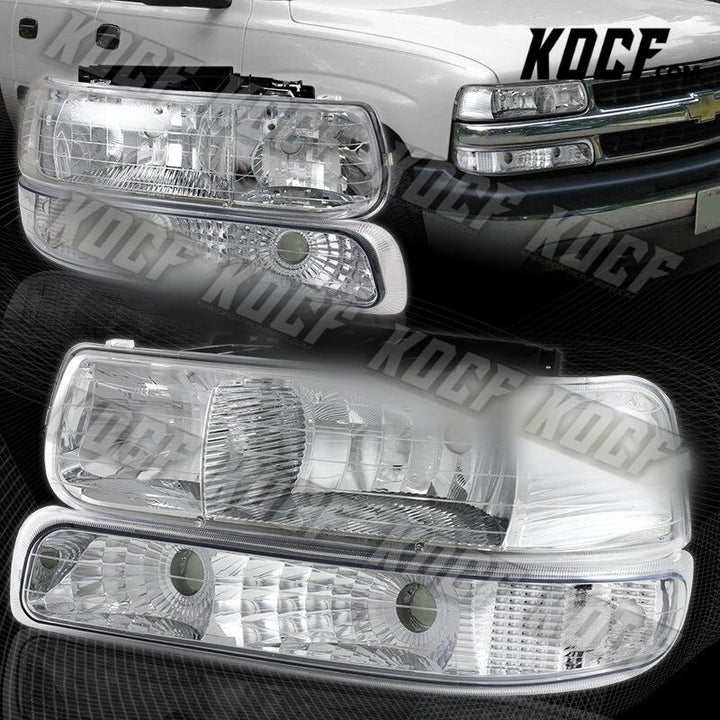 For 1999-2002 Chevy Silverado 2 Piece Chrome Housing Headlights + Bumper Lamps - KOCF.com - Car Parts