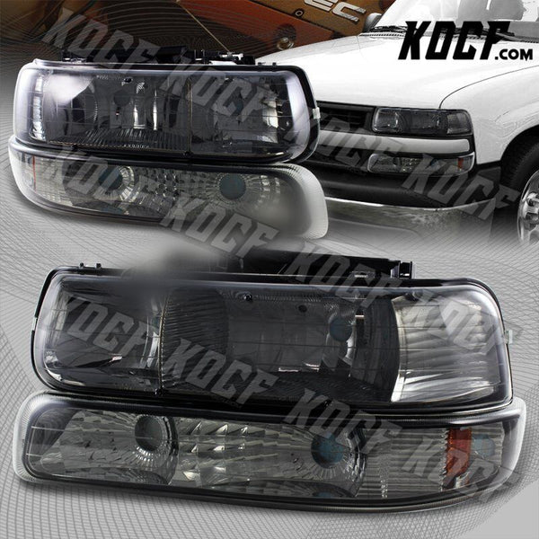 For 1999-2002 Chevy Silverado 2 Piece Smoke Housing Headlights + Bumper Lamps - KOCF.com - Car Parts