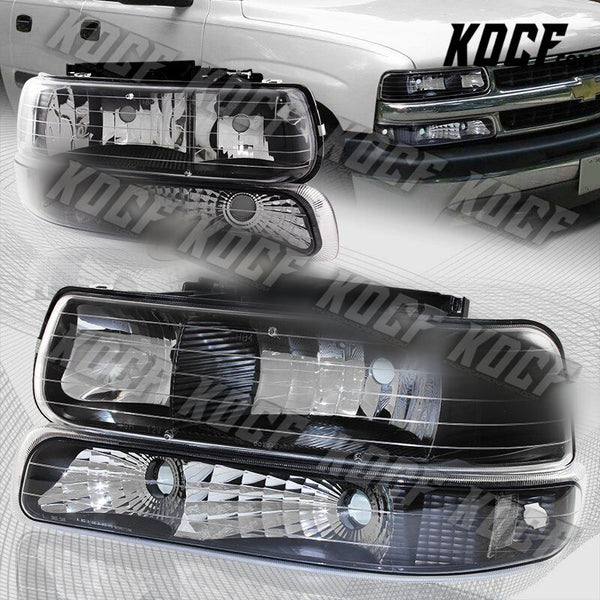 For 2000-2006 Chevy Tahoe Black Housing Headlights+Bumper Clear Reflector Lamps - KOCF.com - Car Parts