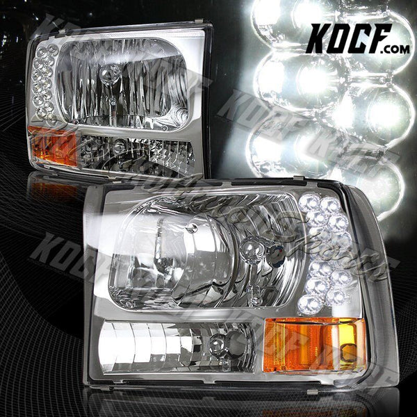 For 1999-2004 Ford F250/F350 Super Duty LED Chrome Headlights W/Amber Reflector - KOCF.com - Car Parts