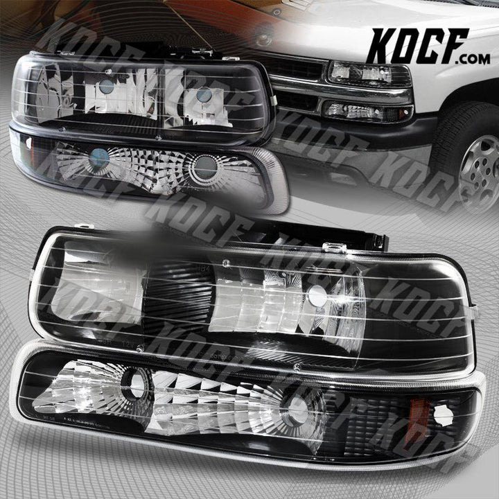 For 1999-2002 Chevy Silverado 2 Piece Black Housing Headlights + Bumper Lamps - KOCF.com - Car Parts