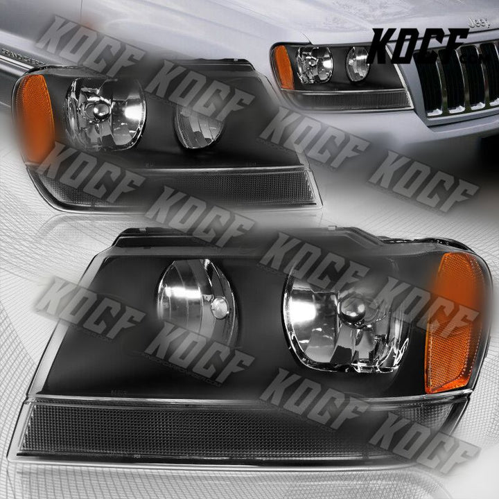 For 99-04 Jeep Grand Cherokee Black Housing Headlights W/ Amber Reflector Lamps - KOCF.com - Car Parts