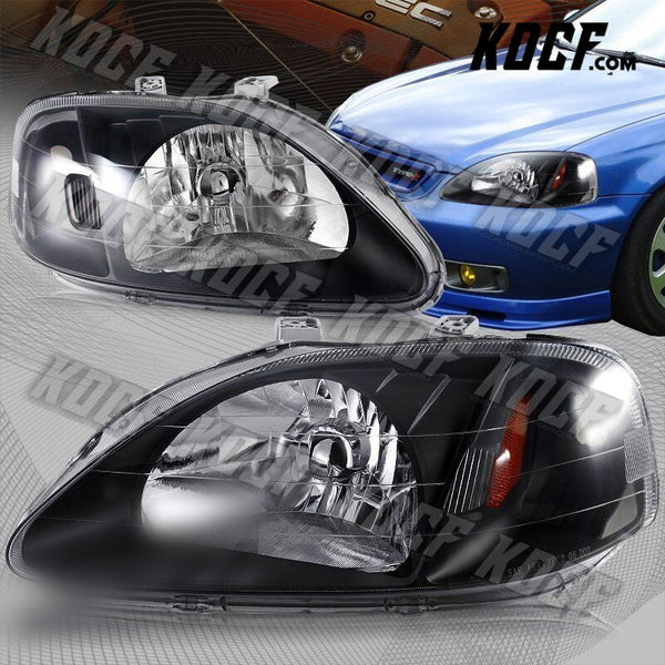 For 1999-2000 Honda Civic JDM Black Housing W / Amber Reflector Headlight Lamps