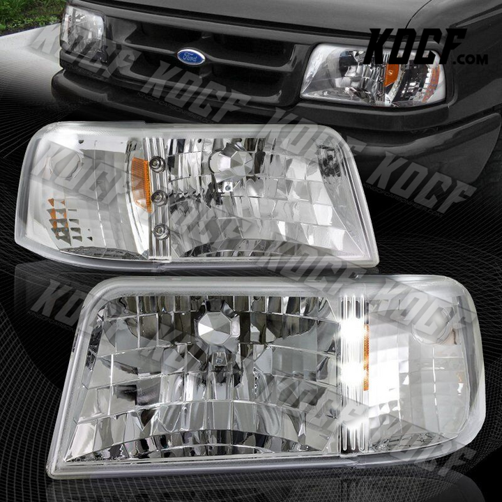 For 1993-1997 Ford Ranger Chrome Housing LED 1-Piece Head Lights+Amber Reflector - KOCF.com - Car Parts