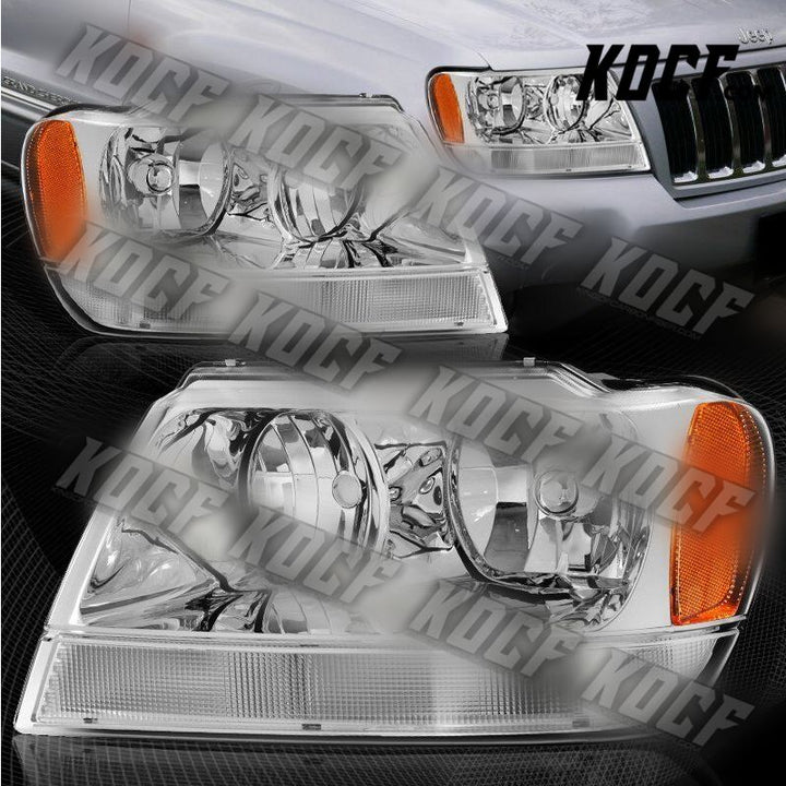 For 1999-2004 Jeep Grand Cherokee Chrome Clear Lens Amber Reflector Headlights - KOCF.com - Car Parts