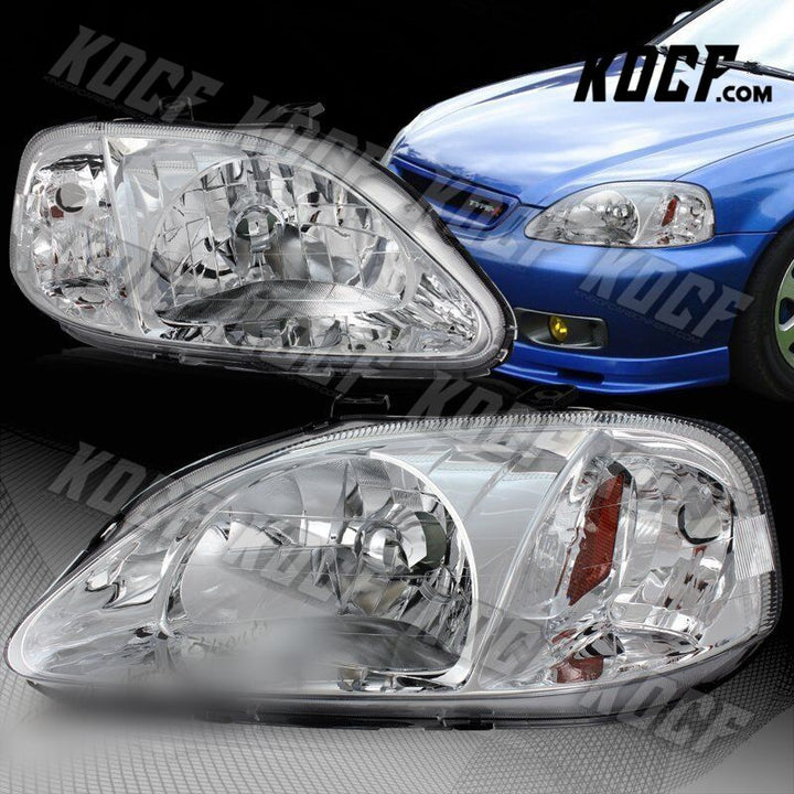 For 1999-2000 Honda Civic JDM Chrome Housing W/Amber Reflector Headlight Lamps - KOCF.com - Car Parts