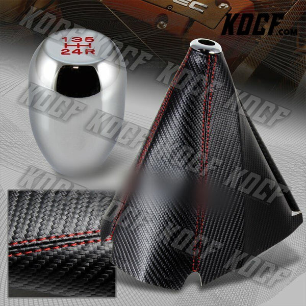 Carbon Style Red Stitch Manual Shift Boot + Type-R Chrome 5-Speed Shifter Knob - KOCF.com - Car Parts