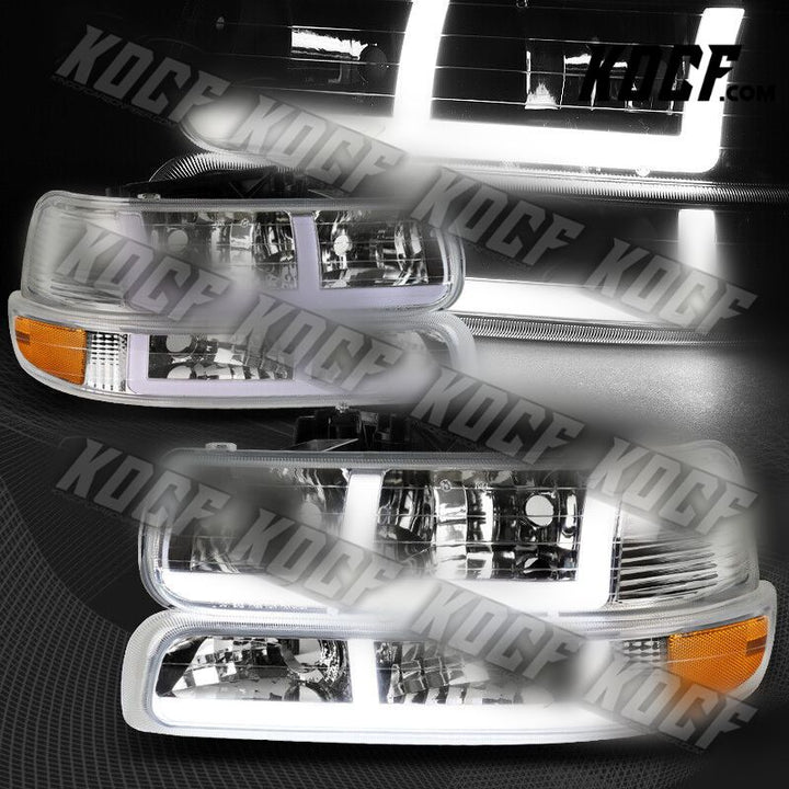 For 99-02 Silverado/00-06 Tahoe Suburban G2 DRL LED Bar Chrome Headlights+Bumper - KOCF.com - Car Parts