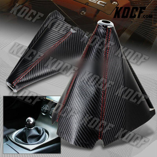 Carbon/Red Stitch Manual Shift Boot + Gunmetal 5-Speed Shifter Knob Universal - KOCF.com - Car Parts