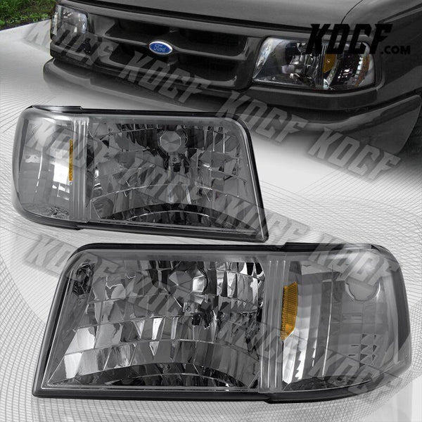 For 1993-1997 Ford Ranger Smoke Lens 1-Piece Head Lights+Amber Reflector Lamps