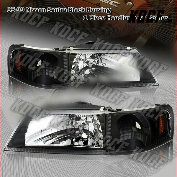 For 1995-1999 Nissan Sentra/200SX 1-Piece Black Headlights W/Amber Reflector - KOCF.com - Car Parts