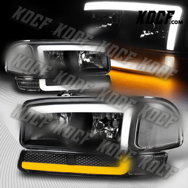 For 1999-2007 GMC Sierra Yukon DRL LED Black Clear Headlights+Bumper Lamps 4PCS