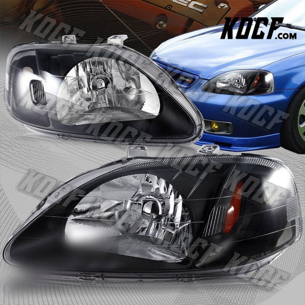 For 99-00 Honda Civic 2/3/4DR Black Housing Head Lights W/Amber Reflector Lamps - KOCF.com - Car Parts