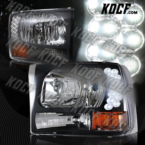 For 1999-2004 Ford F250/F350 Super Duty LED Black Headlights W/Amber Reflector - KOCF.com - Car Parts