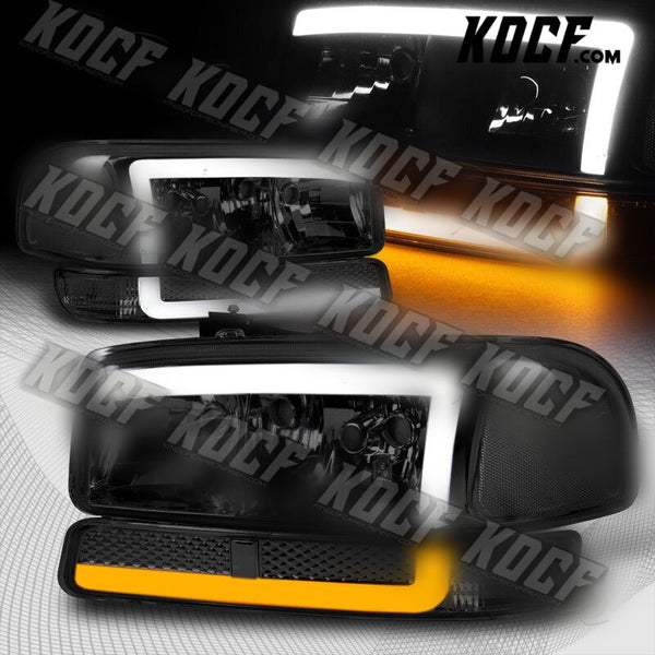 For 1999-2007 GMC Sierra Yukon DRL LED Smoke Lens Headlights+Bumper Lamps 4PCS