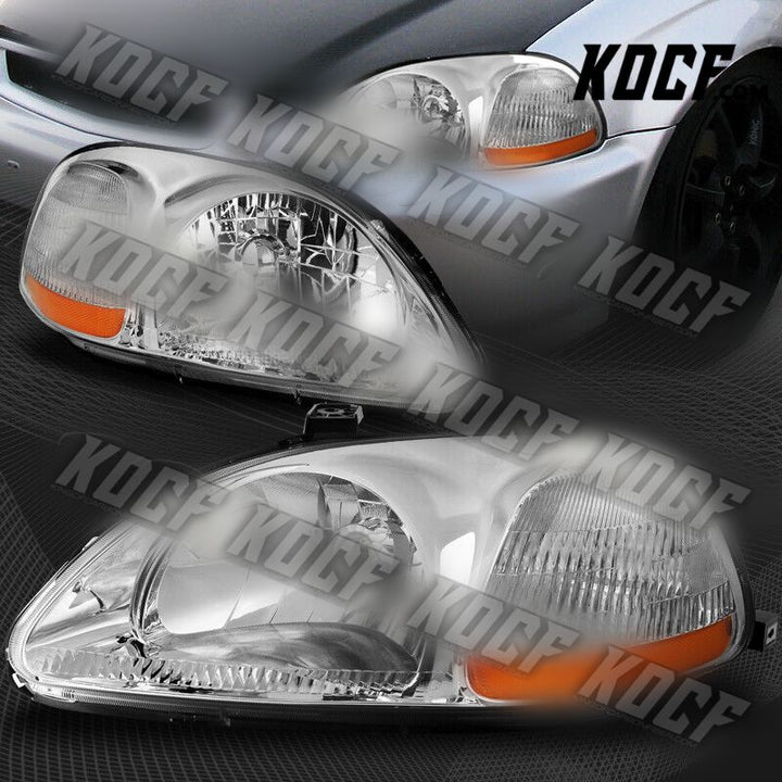 For 1996-1998 Honda Civic Chrome Housing Clear Lens Amber Reflector Headlights - KOCF.com - Car Parts