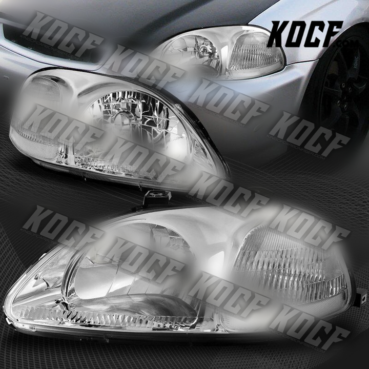 For 1996-1998 Honda Civic Chrome Housing Clear Lens Headlights W/Clear Reflector - KOCF.com - Car Parts