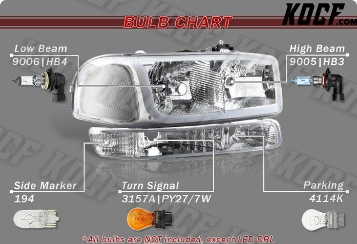 For GMC Sierra/Yukon XL 1500 2500 DRL LED Chrome Clear Headlights+Bumper Lamps - KOCF.com - Car Parts