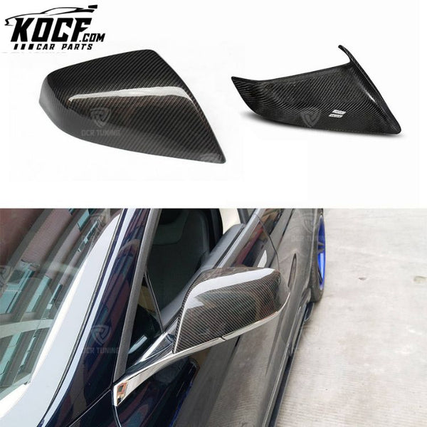 For Tesla Model S Dry Carbon Mirror Cover Add On Type Glossy Black Finish Side Door Mirror Casing Double-sided Carbon 2014-2020