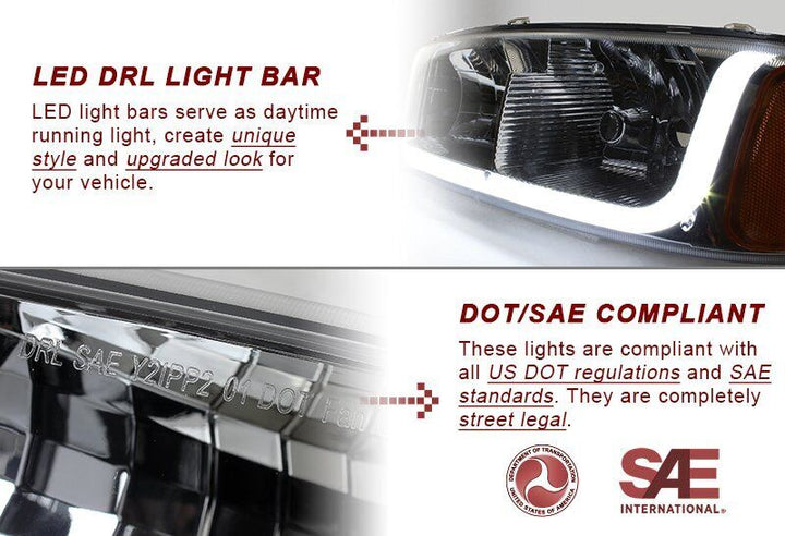 For GMC Sierra/Yukon XL 1500 Denali DRL LED Smoke Amber Headlights+Bumper 4PCS - KOCF.com - Car Parts